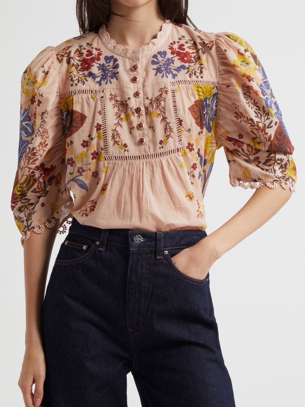 Farm Rio Beauty Bouquet Print Cotton Puff Sleeve Top